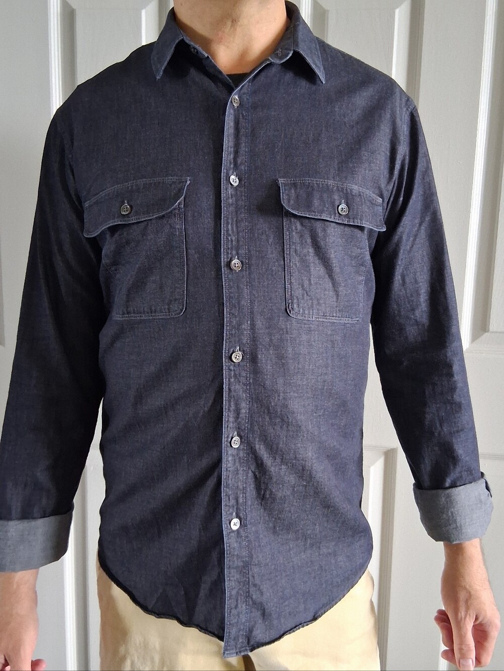 Theory Barham C Turini Navy Chambray Shirt Medium EUC